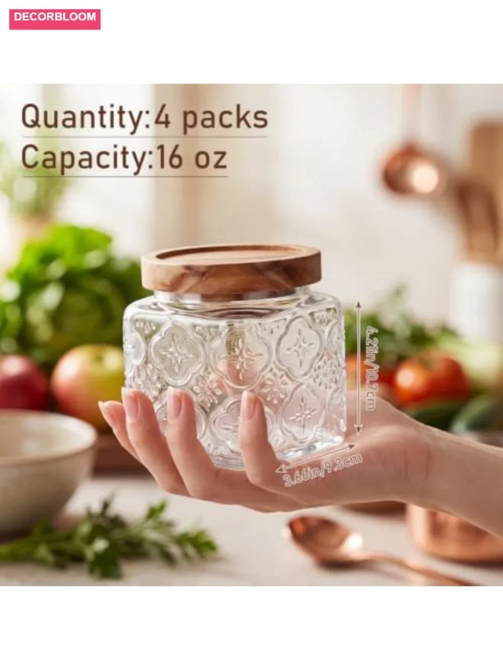 Set of 4 Vintage Glass Jars with Acacia Wood Lids, 16 oz Airtight Food Storage